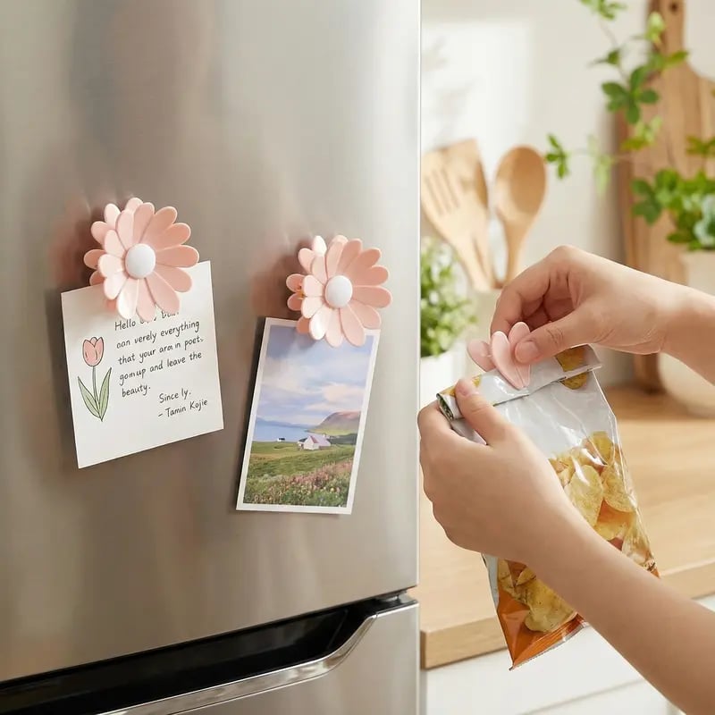 Fridge Magnetic Chip Clips (6 Bag Clips + 1 Magnetic Base) 🍒🌸 Cute Food Sealing Clips