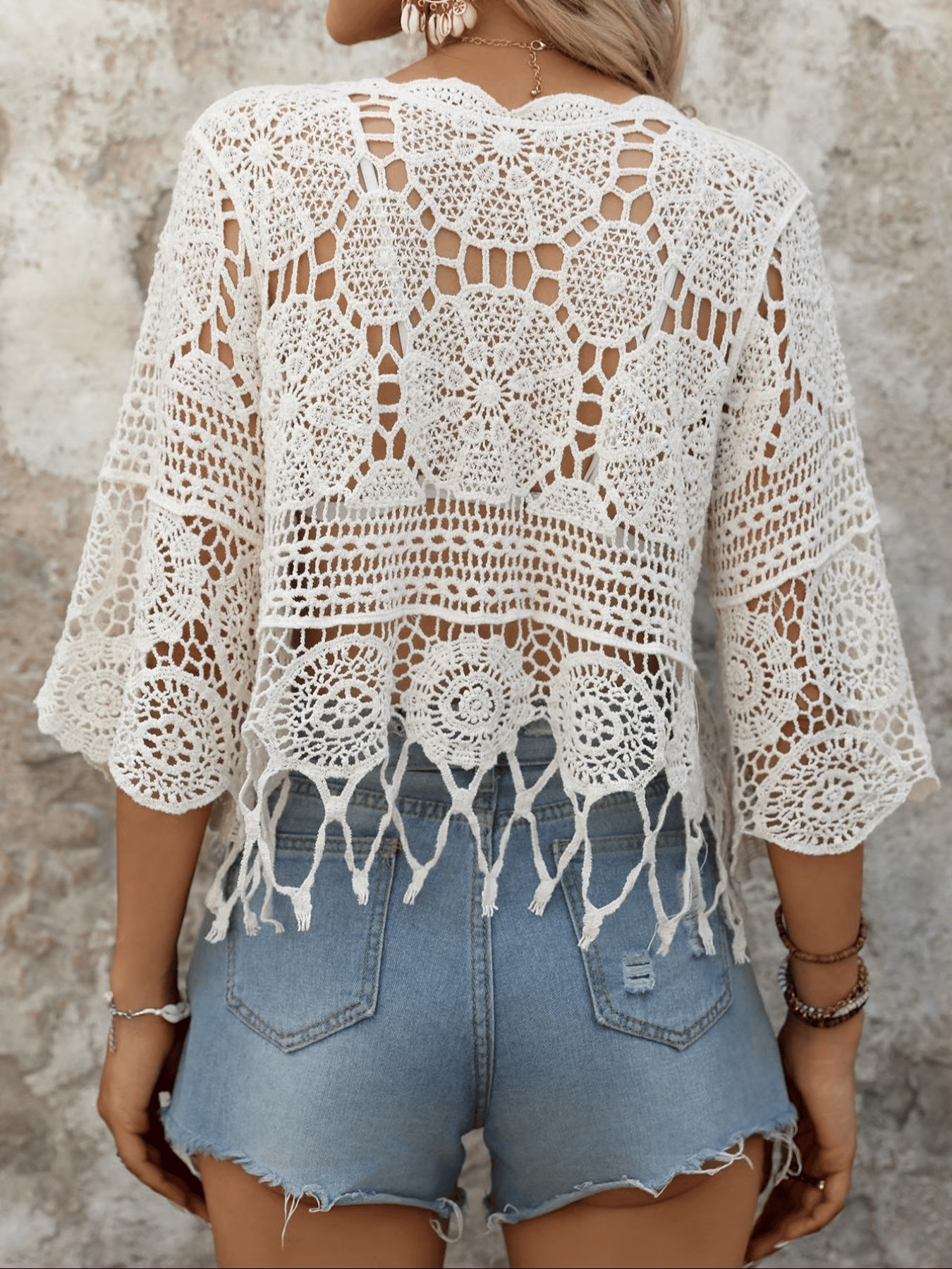 Boho Sheer Fringe Cutout Cover Up, 3/4 Sleeve Round Neck Beach Wear