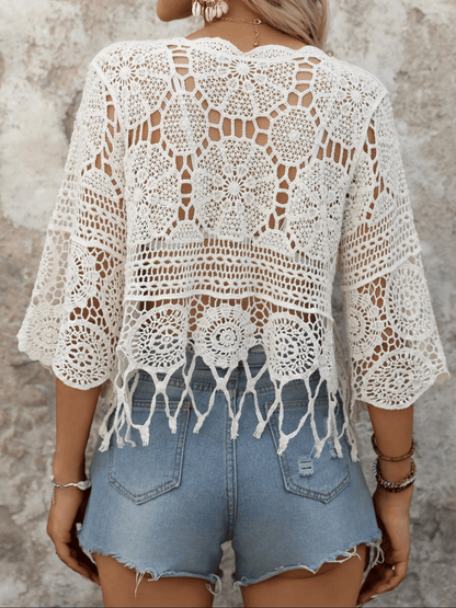 Boho Sheer Fringe Cutout Cover Up, 3/4 Sleeve Round Neck Beach Wear