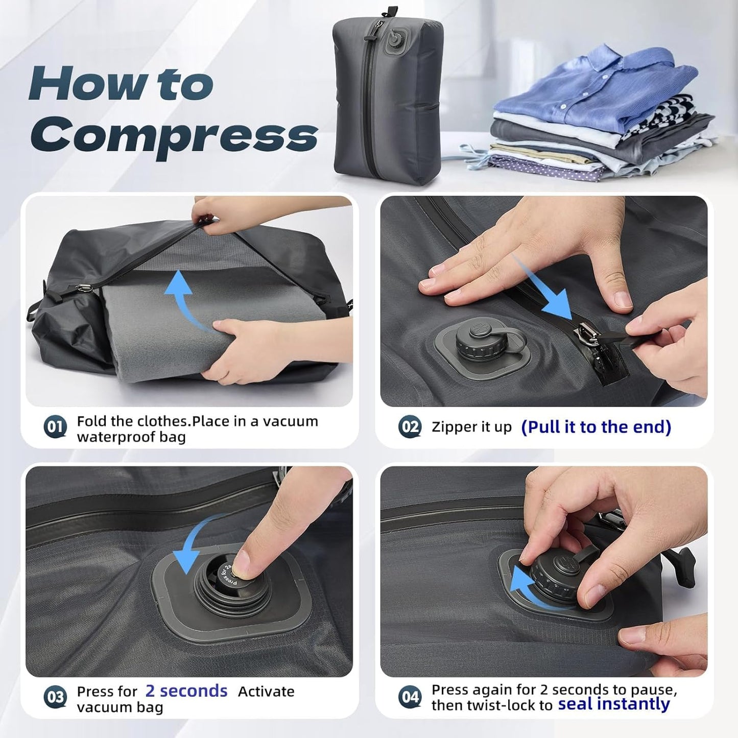 ⏳Time-Limited Special⏰One-Touch Vacuum Storage Bags - Pump-Free with USB-C Charging, Waterproof Airtight Compression for Clothes, Bedding, Travel Gear - Space Saver for Suitcases, Hiking & Camping