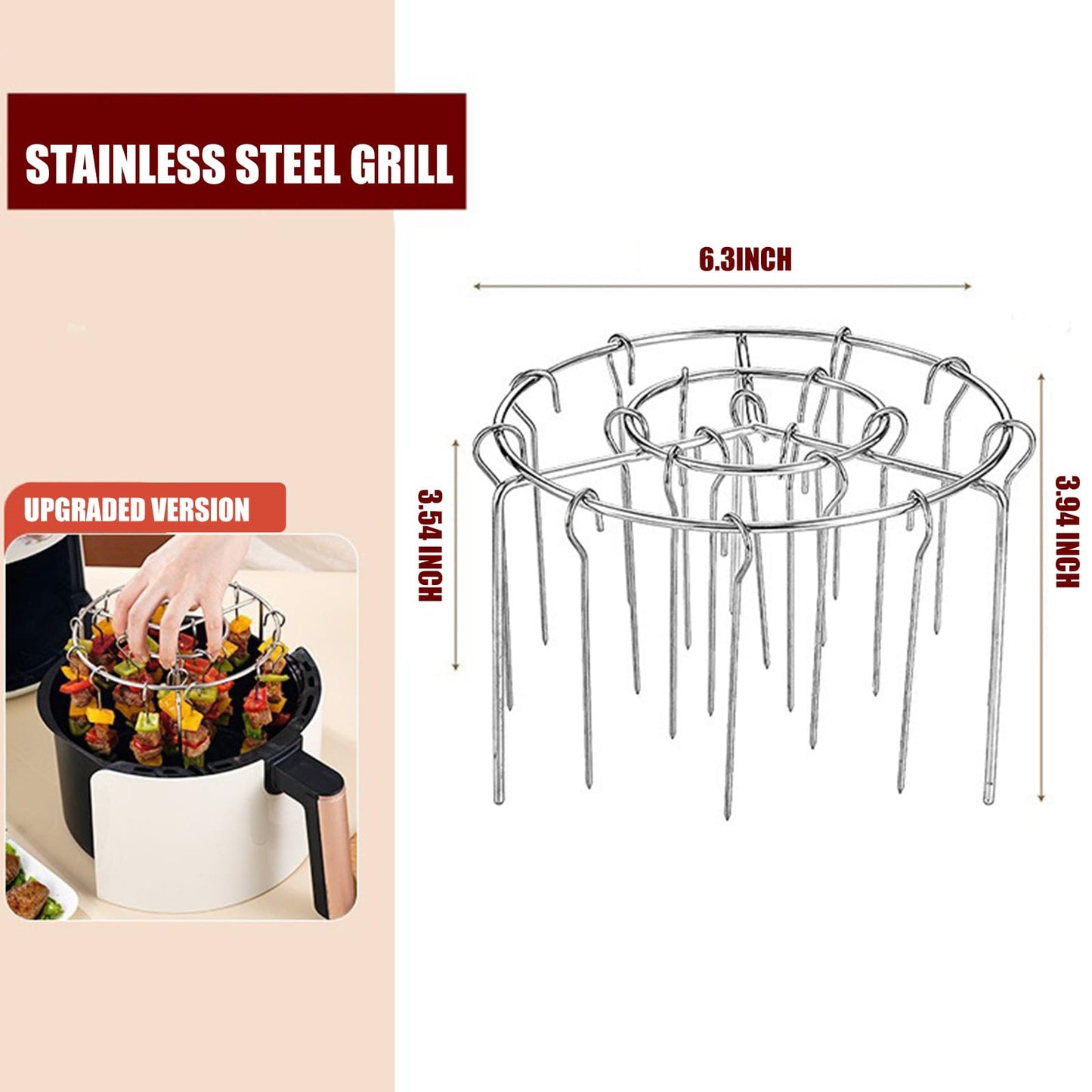 Air Fryer Grill Skewer Rack with 24 Vertical Stainless Steel Kabob Skewers