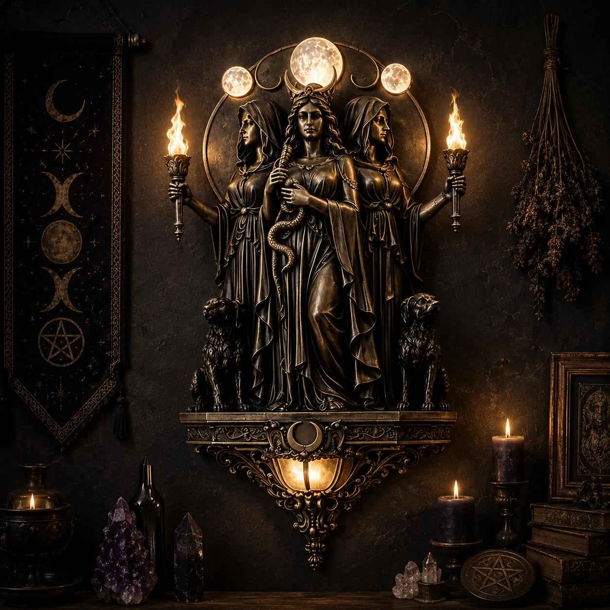 Triple Goddess Hecate LED Wall Sconce – Wiccan Witchy Torch Wall Light