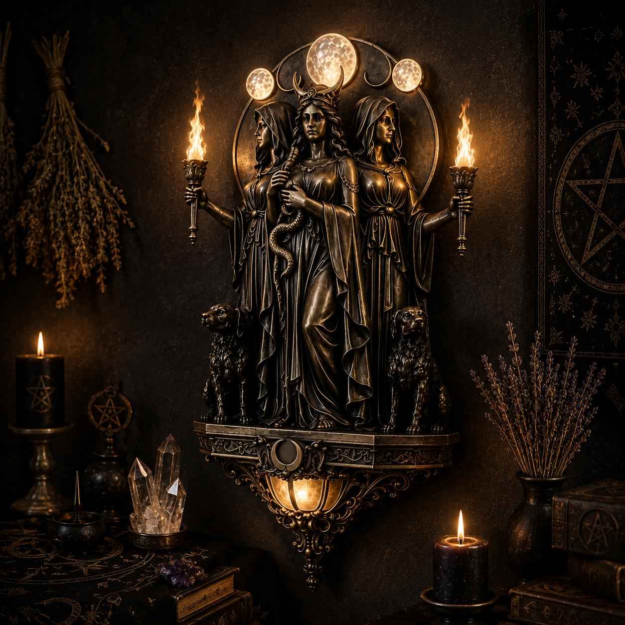 Triple Goddess Hecate LED Wall Sconce – Wiccan Witchy Torch Wall Light