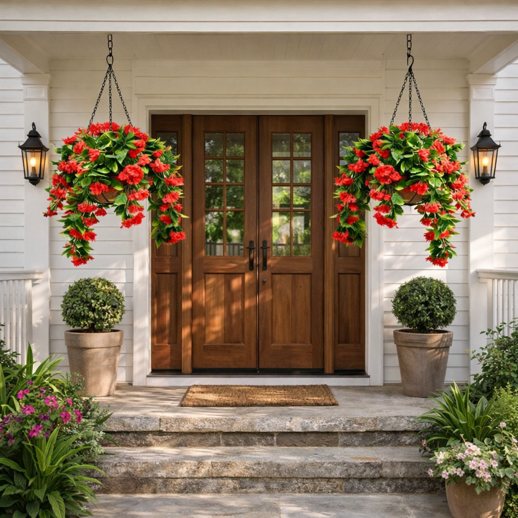 1 Faux Crepe Myrtle Hanging Baskets – UV Resistant Artificial Flower Planters with Coconut Liner & Metal Chain