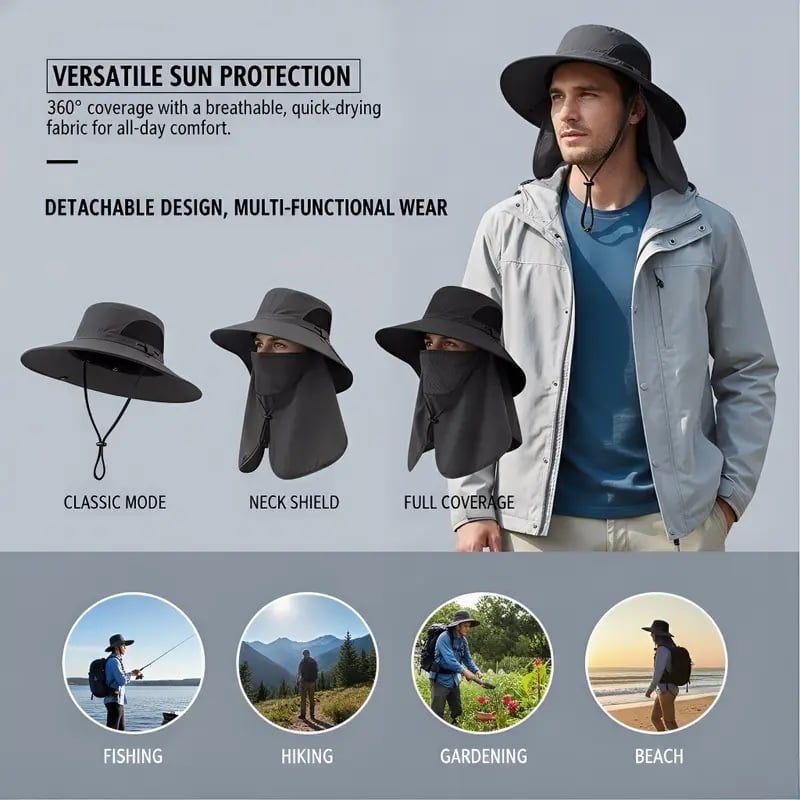 🌞Summer Fisherman's Hat Detachable Outdoor Sun-Protective Face Covering🏕️ (Adjustable & Lightweight Comfort & Unisex Fit)
