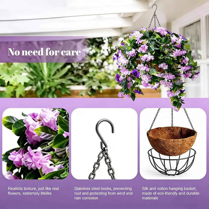 1 Faux Crepe Myrtle Hanging Baskets – UV Resistant Artificial Flower Planters with Coconut Liner & Metal Chain