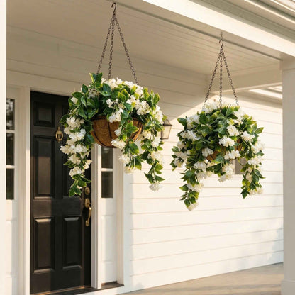 1 Faux Crepe Myrtle Hanging Baskets – UV Resistant Artificial Flower Planters with Coconut Liner & Metal Chain
