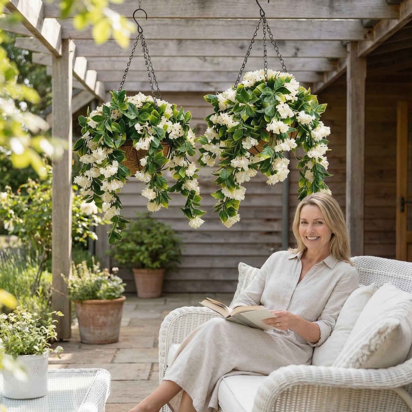 1 Faux Crepe Myrtle Hanging Baskets – UV Resistant Artificial Flower Planters with Coconut Liner & Metal Chain