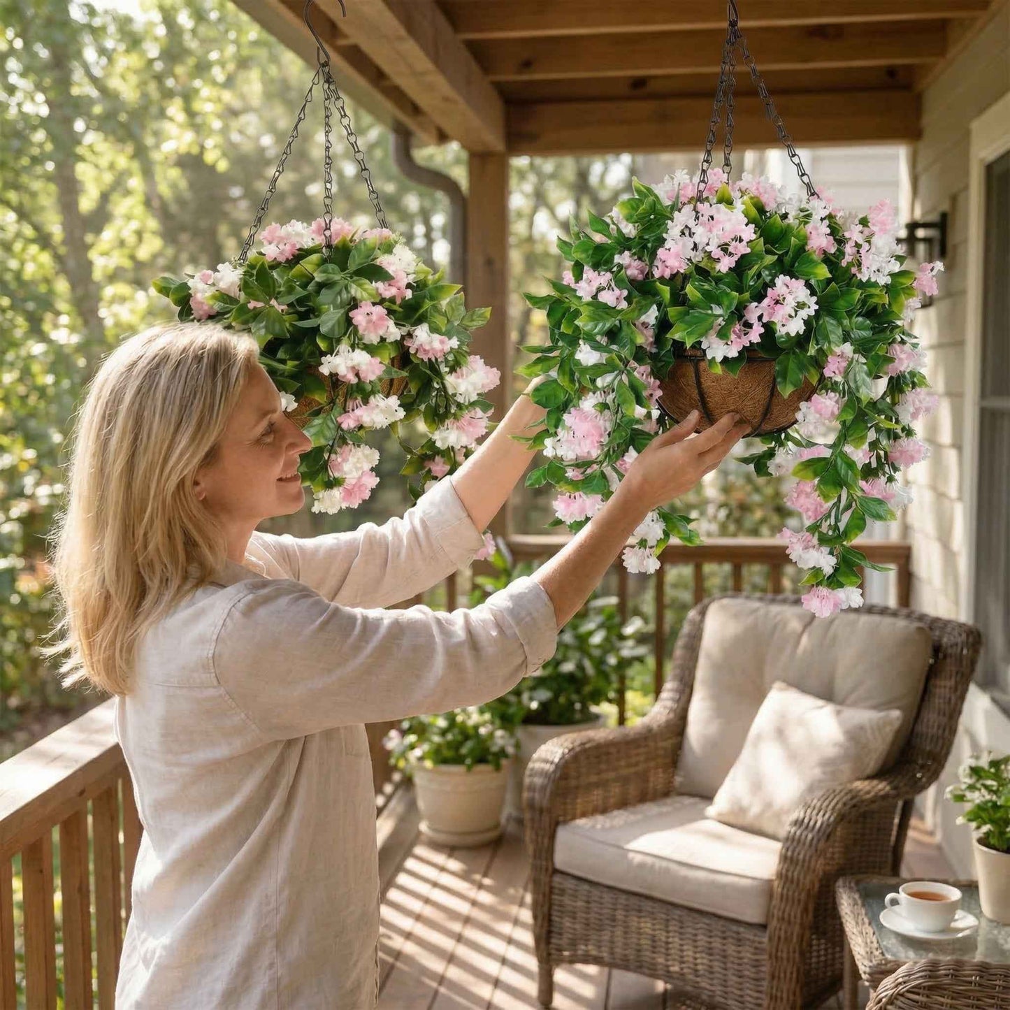 1 Faux Crepe Myrtle Hanging Baskets – UV Resistant Artificial Flower Planters with Coconut Liner & Metal Chain