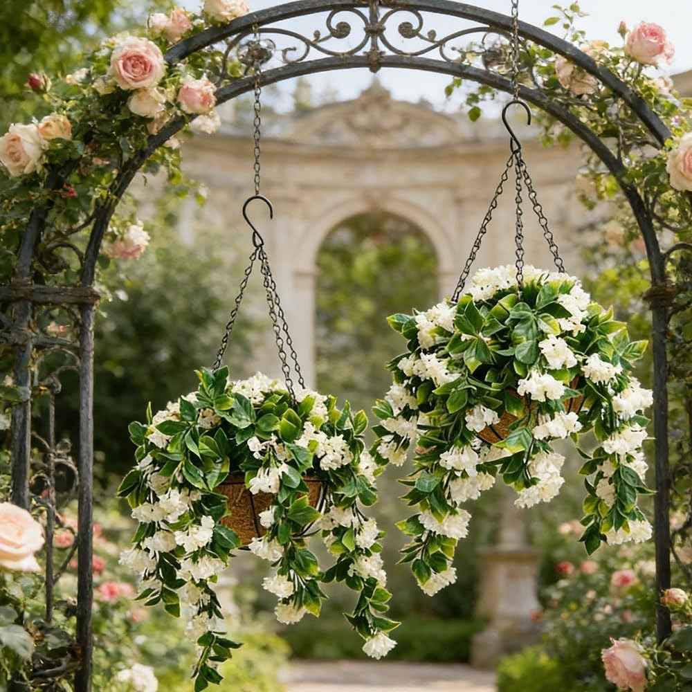 1 Faux Crepe Myrtle Hanging Baskets – UV Resistant Artificial Flower Planters with Coconut Liner & Metal Chain