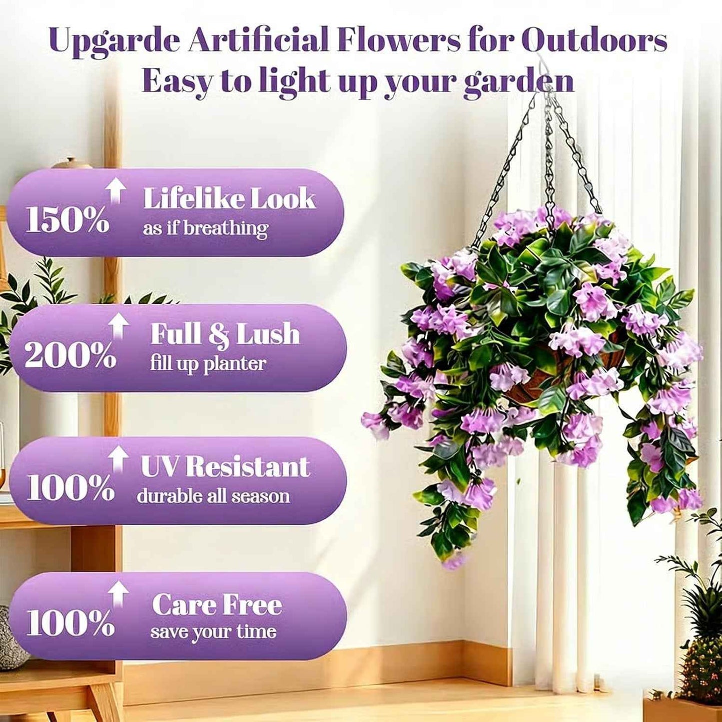 1 Faux Crepe Myrtle Hanging Baskets – UV Resistant Artificial Flower Planters with Coconut Liner & Metal Chain