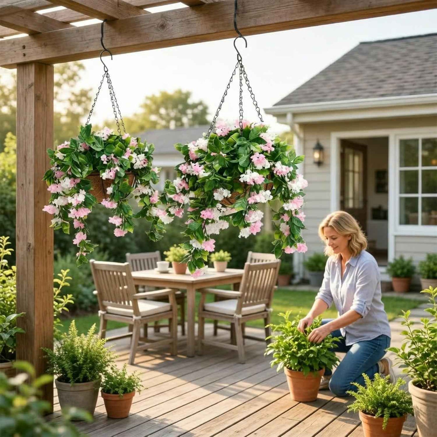 1 Faux Crepe Myrtle Hanging Baskets – UV Resistant Artificial Flower Planters with Coconut Liner & Metal Chain