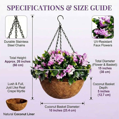 1 Faux Crepe Myrtle Hanging Baskets – UV Resistant Artificial Flower Planters with Coconut Liner & Metal Chain