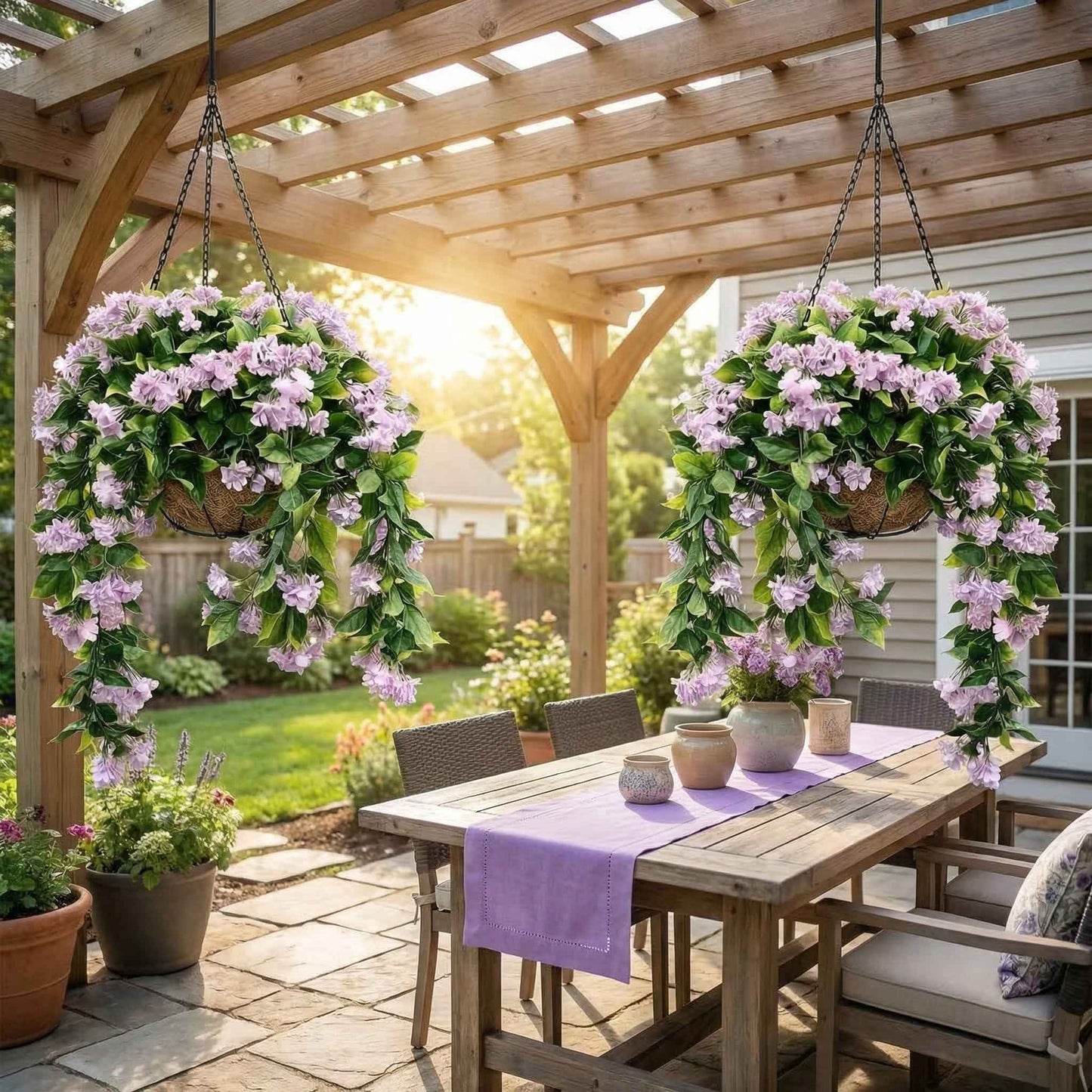 1 Faux Crepe Myrtle Hanging Baskets – UV Resistant Artificial Flower Planters with Coconut Liner & Metal Chain