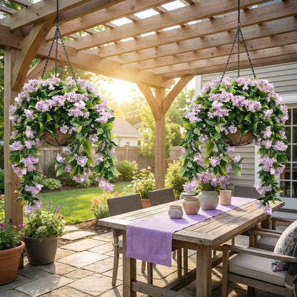 1 Faux Crepe Myrtle Hanging Baskets – UV Resistant Artificial Flower Planters with Coconut Liner & Metal Chain